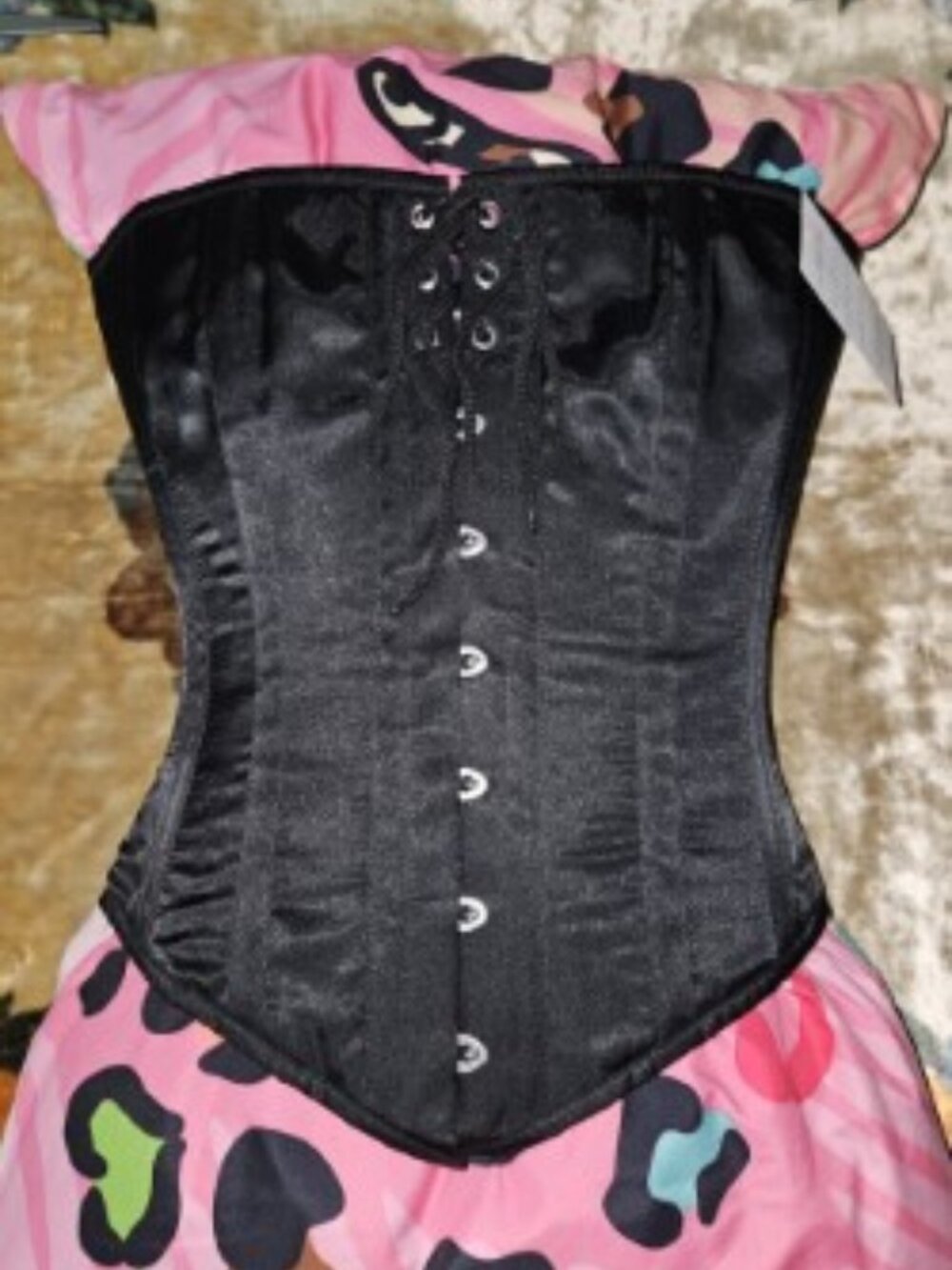 NWT L/28" BLACK SILK Night Owl Steel Boned Tight Lacing Corset LARGE EDWARDIAN